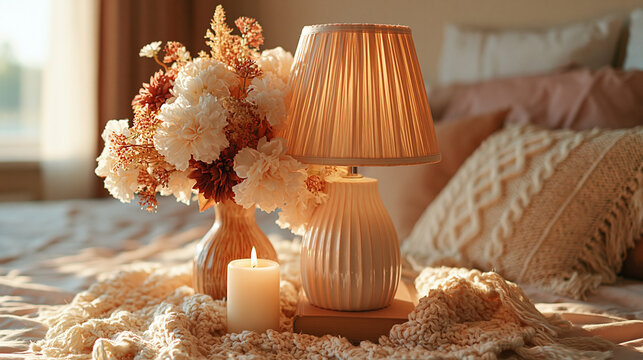 Cozy bedroom interior with woven lamp shade vase of flowers and candle on textured bedding, interior