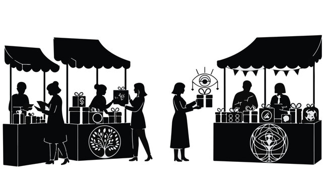 People exchanging gifts at outdoor market stalls with decorative awnings and logos