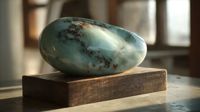 Smooth pale jadeite stone with subtle inclusions displayed on a wooden block
