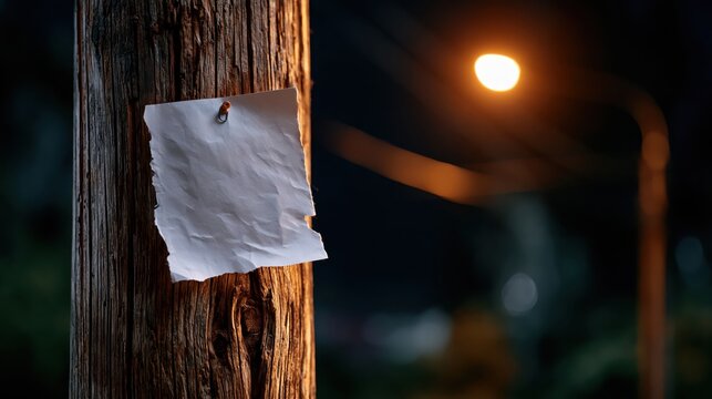 Empty torn paper pinned to a weathered wooden utility pole at night with glowing street light and dark blurred background.