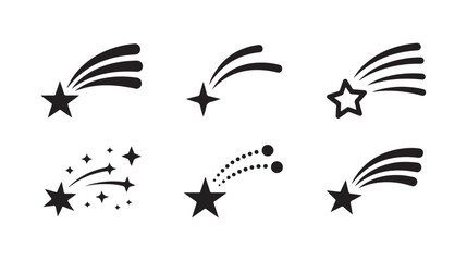 Pack of shooting star icons with various trails including dotted lines and star clusters design. © Creative_Aminur