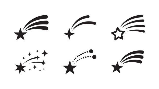 Pack of shooting star icons with various trails including dotted lines and star clusters design.