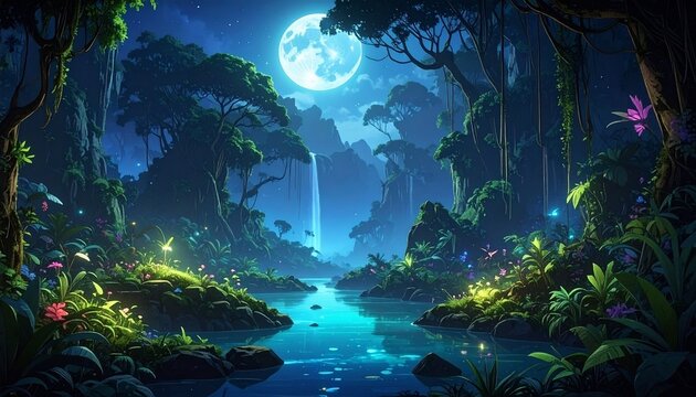 Firefly_Bioluminescent Jungle- -A dense alien jungle at night where every plant glows with 