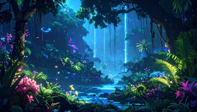 Firefly_Bioluminescent Jungle- -A dense alien jungle at night where every plant glows with 