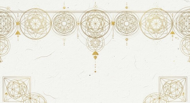 Gold sacred geometry patterns on white textured paper background