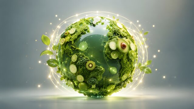 Konsep dunia berkelanjutan yang ramah lingkungan. Bola dunia 3D yang terbuat dari sayuran hijau, buah-buahan, dan daun dengan jaringan teknologi yang bersinar.