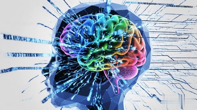 Abstract polygonal human head featuring a vibrant colorful brain on white background illustration representing artificial intelligence concept and futuristic digital technology for banner poster