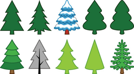 Obraz premium Christmas pine tree vector icon set with winter snow spruce fir forest silhouettes for holiday graphic design elements