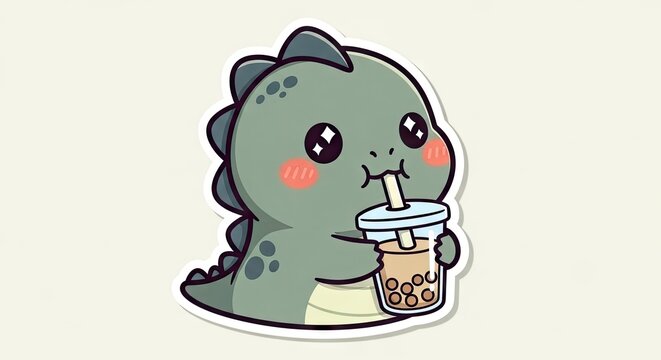 Kawaii cartoon dinosaur character drinking bubble milk tea sticker