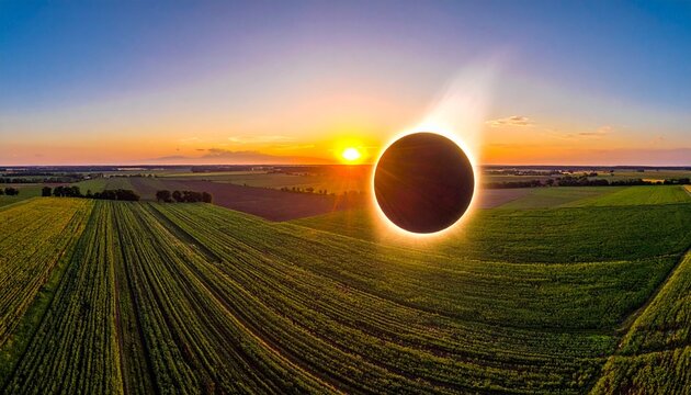 Total solar eclipse totality over agricultural fields at sunset
