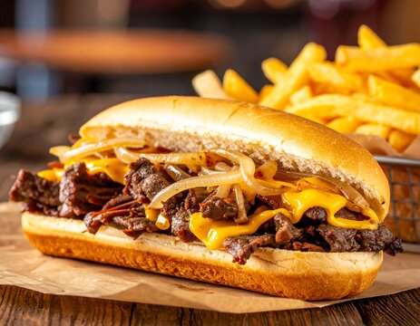 Delicious cheesesteak sandwich with melted cheese onions served on toasted hoagie roll with fries