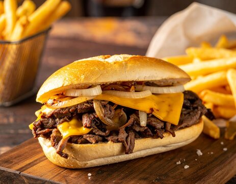 Delicious cheesesteak sandwich with melted cheese onions on toasted hoagie roll served with fries