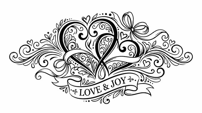 Intricate heart designs, love and joy banner, black line art, ornate swirls, romantic vector illustration, wedding clip art, Valentine's Day elements, 1 EPS file