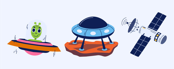 Space Exploration Icons: Alien, UFO, Satellite © Pix