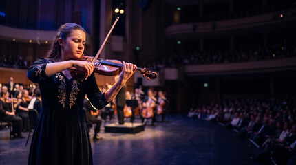 Fototapeta premium Teen passionately playing violin solo on stage in a grand concert hall, under dramatic lighting, with audience and orchestra in the background