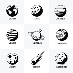 Set of black and white representing planets of the solar system, moon, comet, and asteroid, isolated on a white background, featuring simple shapes and celestial bodies © MD