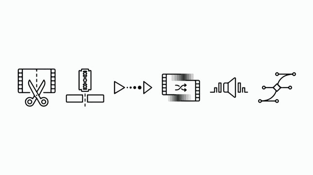 Video editing and film production icons set. Multimedia post-production tools with scissors, razor blade, audio waveform, transition shuffle, and bezier curve. Minimalist vector illustration