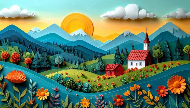 Folk Art- -A colorful paper-cut illustration of a forest scene, inspired 