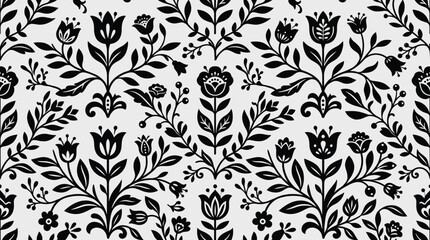 Fototapeta premium Seamless black and white floral pattern with symmetrical folk style botanical motifs