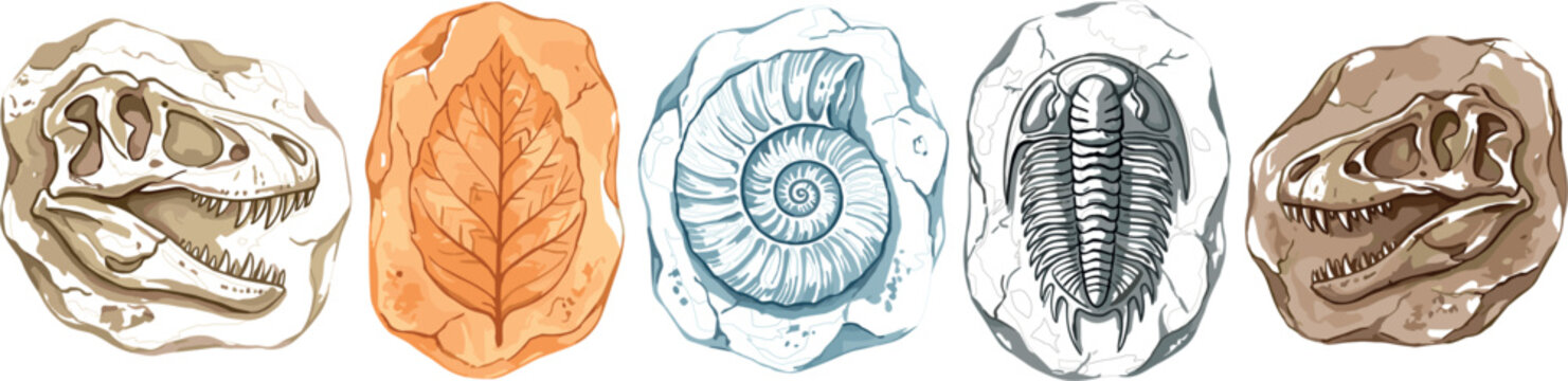 Realistic Fossil Vector Collection Featuring Dinosaur Skulls, Leaf, Ammonite, and Trilobite for Paleontology, Science, and Educational Designs