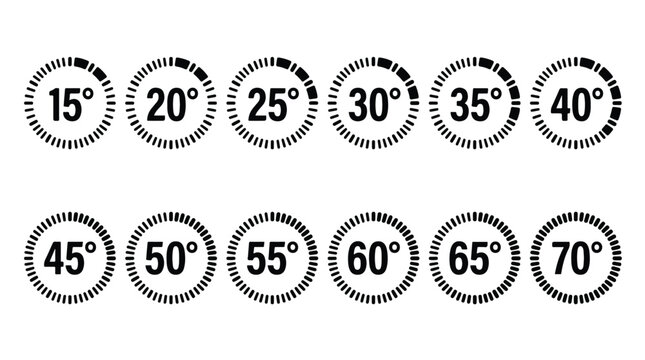 Degree angle icons set showing measurement from 15 to 70 degrees. Circular protractor symbols for rotation, geometry, math and progress. Minimalist black vector icons for UI design and level