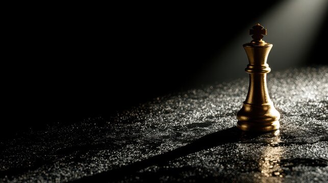 Gold chess king standing alone under a spotlight on a dark textured surface in a dramatic cinematic macro shot for business strategy branding