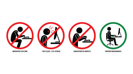 Fototapeta premium Ergonomics icons set showing proper and improper posture for computer work. Healthy office workstation signs. Desk safety, eye strain, wrist support, and back pain prevention vector icons.