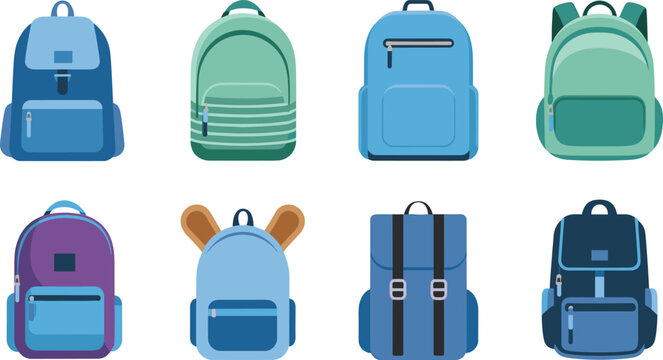 School backpack vector icon set with student rucksack bags for travel education and back to school design elements