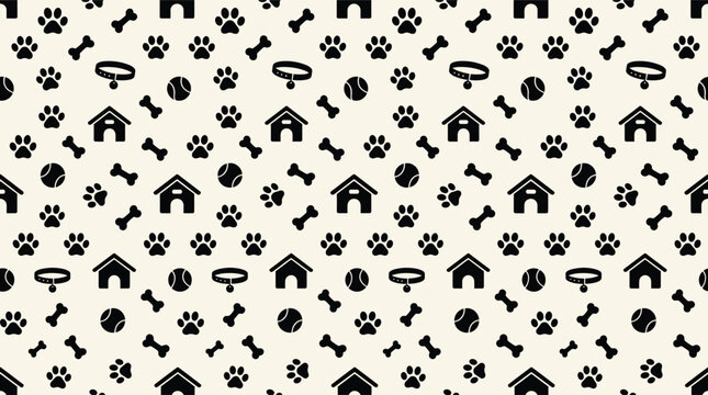 Seamless pattern featuring black of dog houses, paw prints, tennis balls, collars, and bones on a light beige background