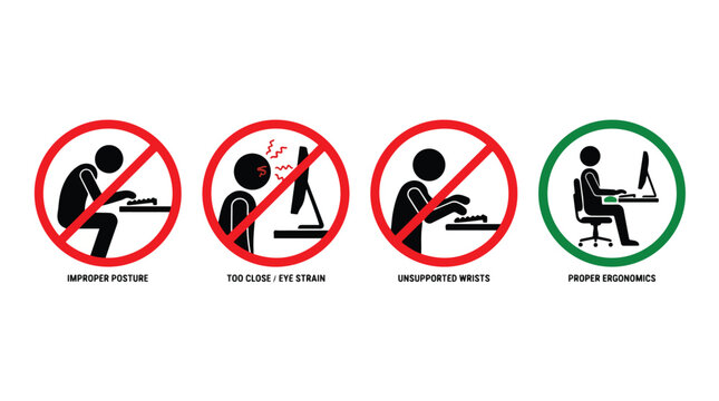 Ergonomics icons set showing proper and improper posture for computer work. Healthy office workstation signs. Desk safety, eye strain, wrist support, and back pain prevention vector icons.