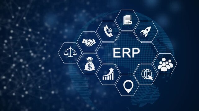 Erp business management system animation, digital technology network visualization, corporate efficiency and automation concept