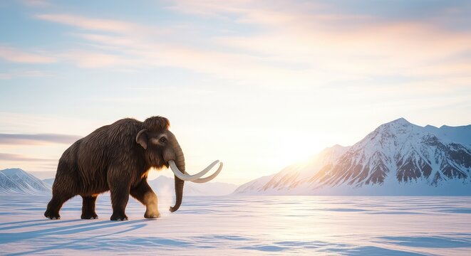 A massive wooly mammoth wanders through a vast frozen landscape under a pale blue sky, surrounded by snow covered mountains and icy plains, frost, scenic, tundra