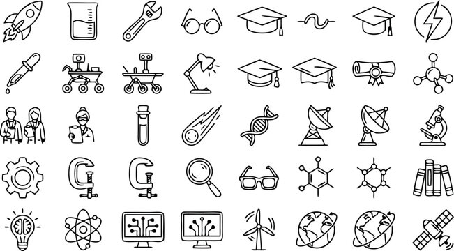 Science and technology research line icon set with laboratory chemistry space exploration and academic education elements