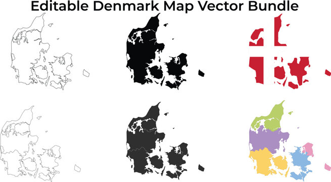 Denmark map bundle: outline, silhouette, flag, and regions