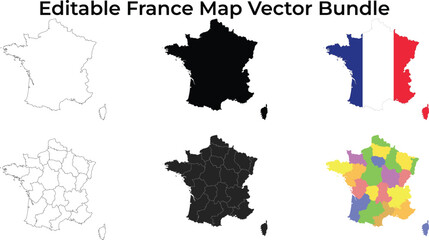 Fototapeta premium France map bundle: outline, silhouette, flag, regions