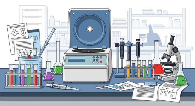 Scientist studying various lab equipment and samples on a laboratory bench with a microscope and centrifuge.