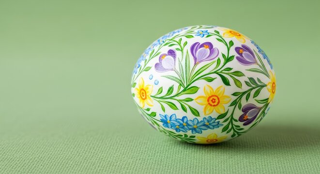 A single hand-painted easter egg rests gently on a soft green textured background, showcasing delicate floral patterns and seasonal charm, hand-painted, background, floral