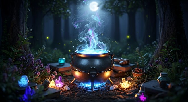 Enchanting cauldron with glowing smoke in a mystical forest setting