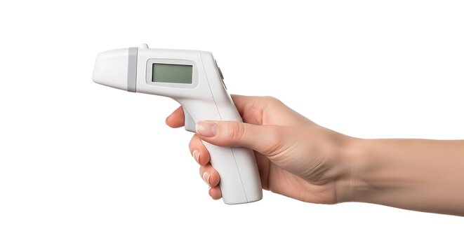Hand holding a white infrared thermometer for medical temperature check