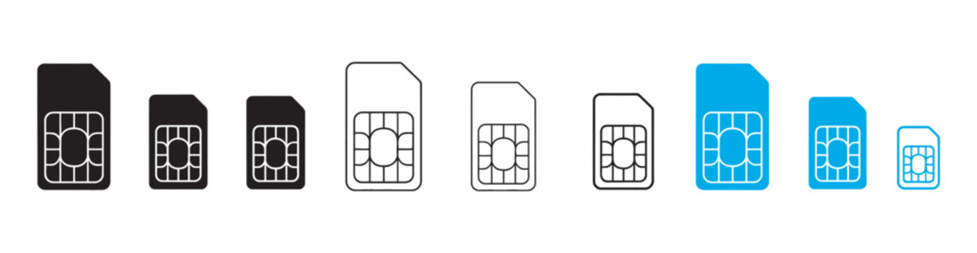 SIM Card Icon Set, Mobile Telecommunications Symbols, Various Sizes and Colors, Vector Illustration Collection