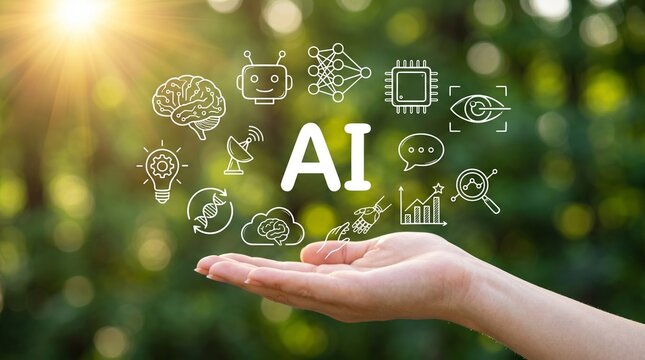 Artificial intelligence technology concept with ai text and icons of neural networks, robotics, and data analysis held in a hand