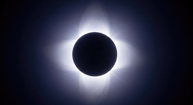 A stunning and spectacular total solar eclipse reveals the glowing white corona surrounding the dark moon against a deep celestial night sky view, atmosphere, total, phenomena