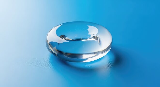 A transparent glass donut with smooth curves rests on a minimalist bright blue surface creating an oddly satisfying aesthetic composition, transparent, ring, round