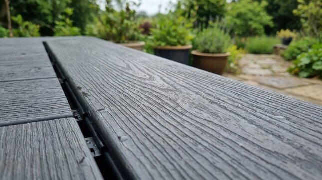 Close-up of a modern composite decking board with natural wood grain texture in an outdoor garden setting