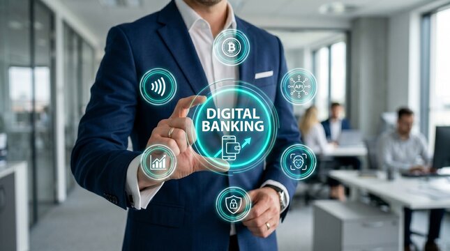 Businessman interacting with digital banking interface in modern office