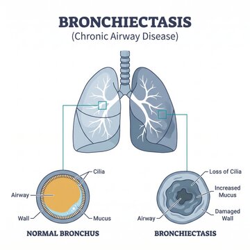 Diagram comparing normal bronchus and bronchiectasis lungs with cross section human body medical imaging