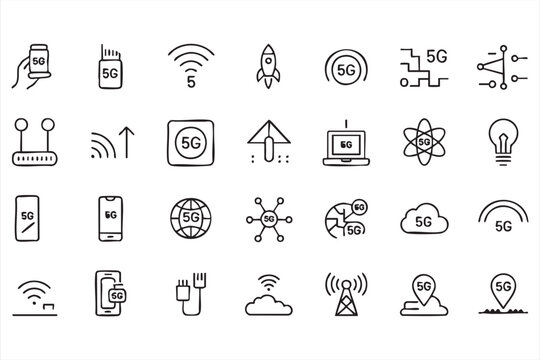 5G network icons set, wireless communication, mobile signal, internet connectivity and telecom technology symbols
