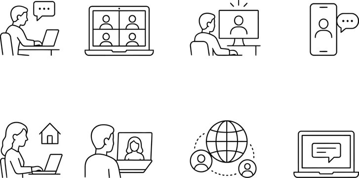 video conferencing line icons set remote work and online meetings