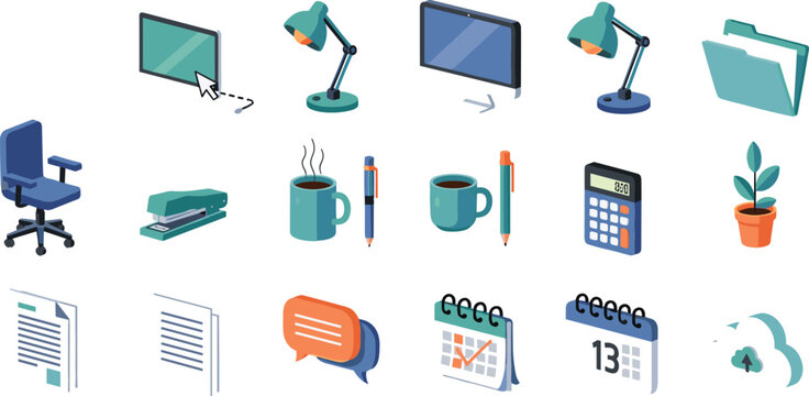 Office Workspace Icons Set with Desk Lamp Monitor Calendar Calculator and Documents