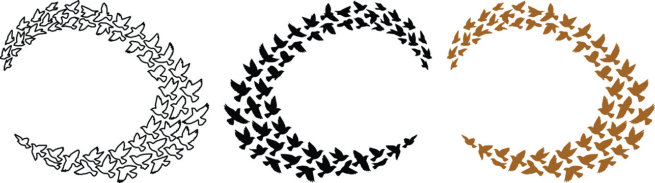 Abstract bird flight vector set, a dynamic collection of flying bird silhouettes forming crescent shapes. Minimalist avian migration patterns, ideal for nature-themed designs and decorative